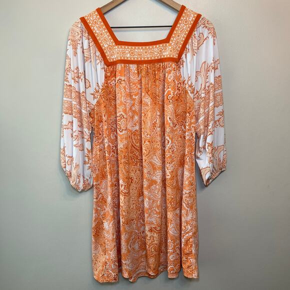 Michael Kors Women's Square Neck Border Shift Midi Dress Orange Size Medium - Picture 6 of 6